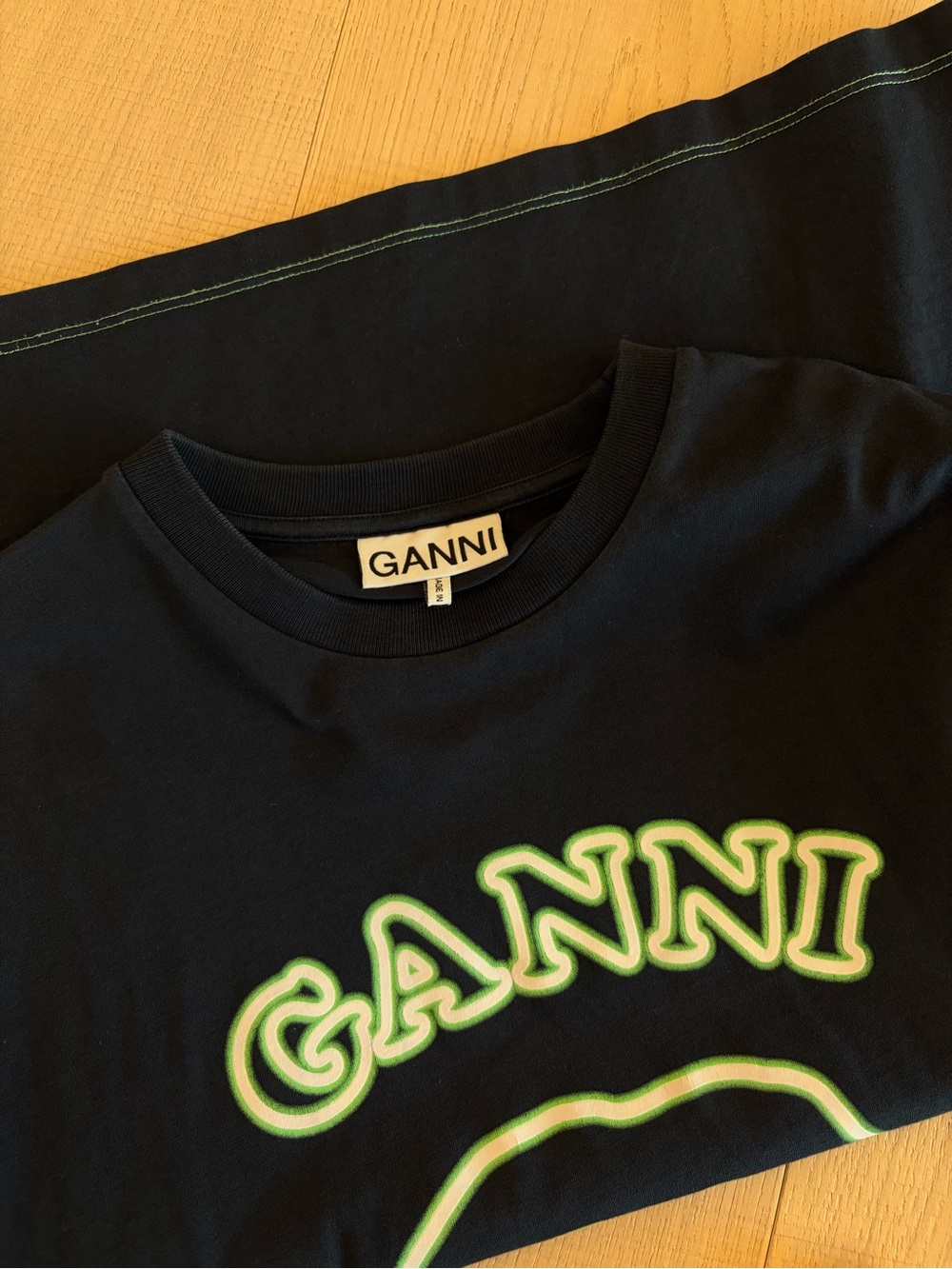 NWOT Ganni Black Tee with Neon Green Smiley Logo - Picture 2 of 6